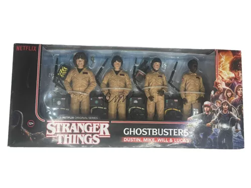 McFarlane Stranger Things GHOSTBUSTERS 4 Pack Dustin Mike Will Lucas W/Auto NIB