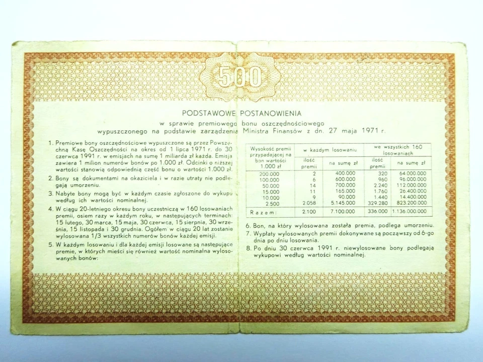 Bank Premium Savings Voucher  500 złotych 1971  Poland Bon Nr 0961682 - Image 2 of 2
