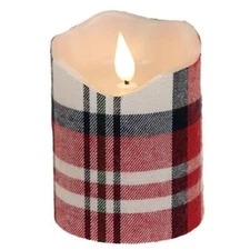 NEW Americana PILLAR CANDLE Plaid Cover Red White Blue Motion Faux Flame 3"x4"