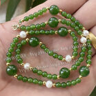 14-36" 4mm Round Brazil Green Jade Gems & Aaa 5-6mm White Pearl Beads Necklace