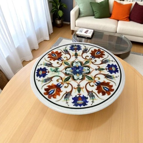 Mesa de mármol blanco de 15" con incrustaciones de mosaico de lapislázuli pietra dura muebles de balcón decoración - Imagen 2 de 9