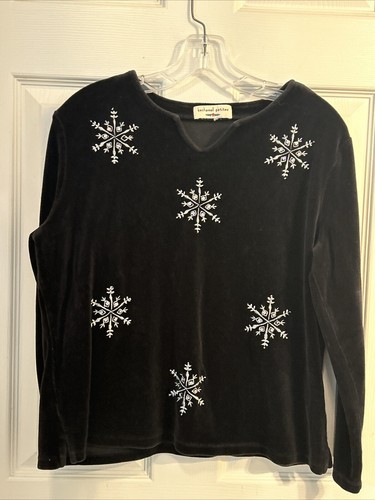 Bechamel Women M Solid Black Embroidered Snowflake Long Sleeve Velour Pullover