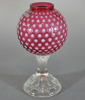 Fenton 1955 Cranberry Polka Dot Ivy Bowl #2221CR With inverted Opalescent Dots