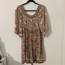 Wendy Bellissimo Women’s Boho Dress M Brown White Floral Eyelet Pleated Flowy 