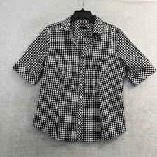 Talbots Womans Button Up Top Multicolor Geometric 10 Cotton Blend Short Sleeve