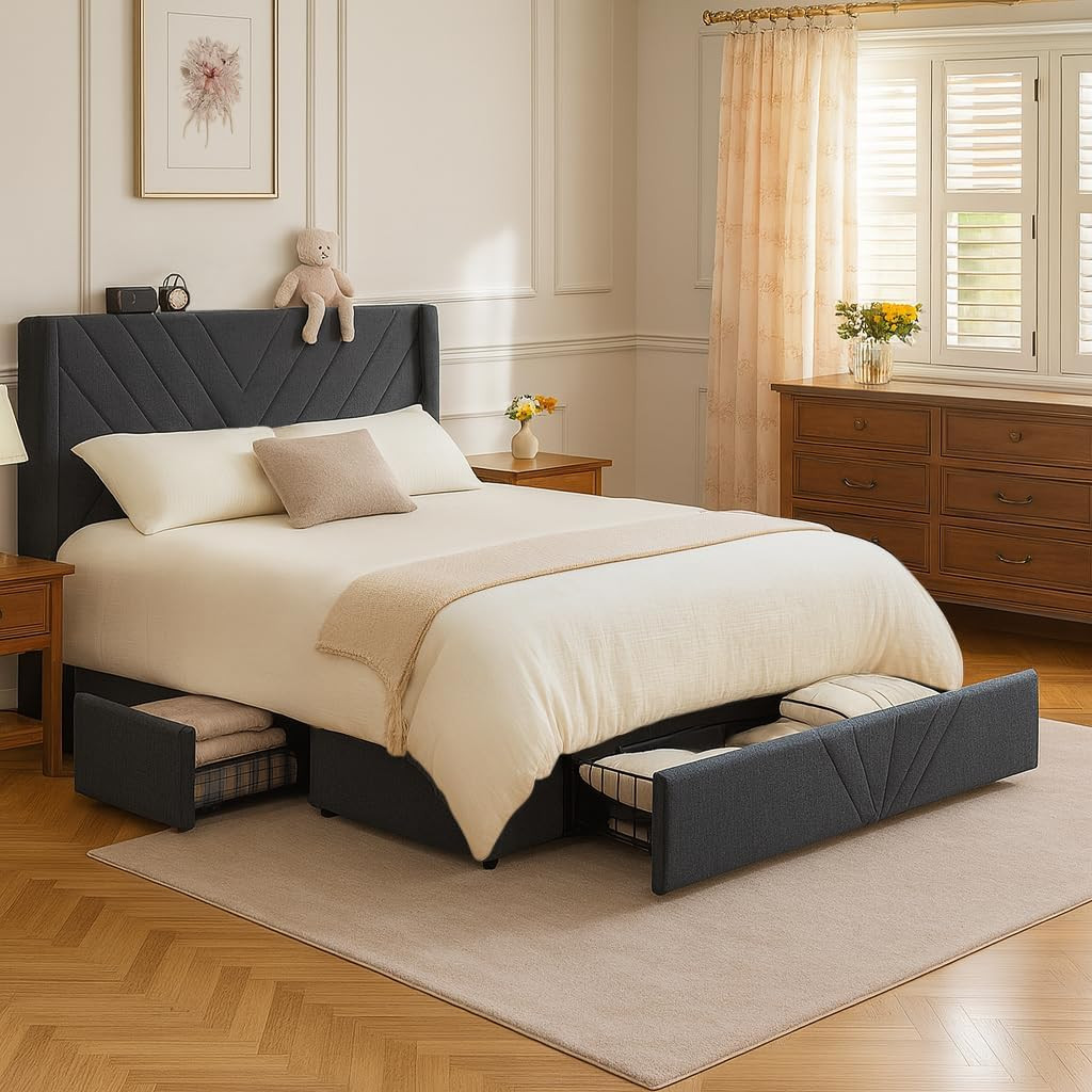 King Size Metal Bed Frame with Upholstered Headboard & Storage, Dark Grey