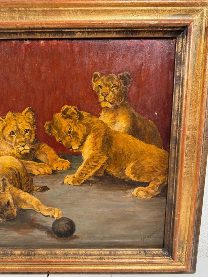 Antigua pintura al óleo de animales victorianos del siglo XIX cachorros de león jugando pelota FIRMADA Foto 4 de 4