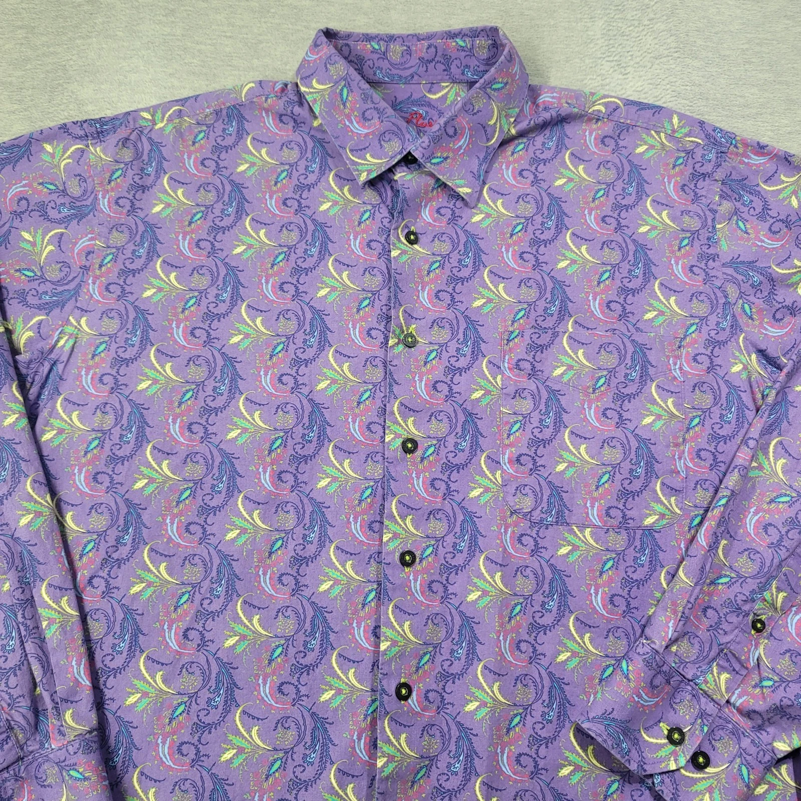 Alan Flusser Shirt Mens XL Purple Floral Button Up Chest Pocket Colorful