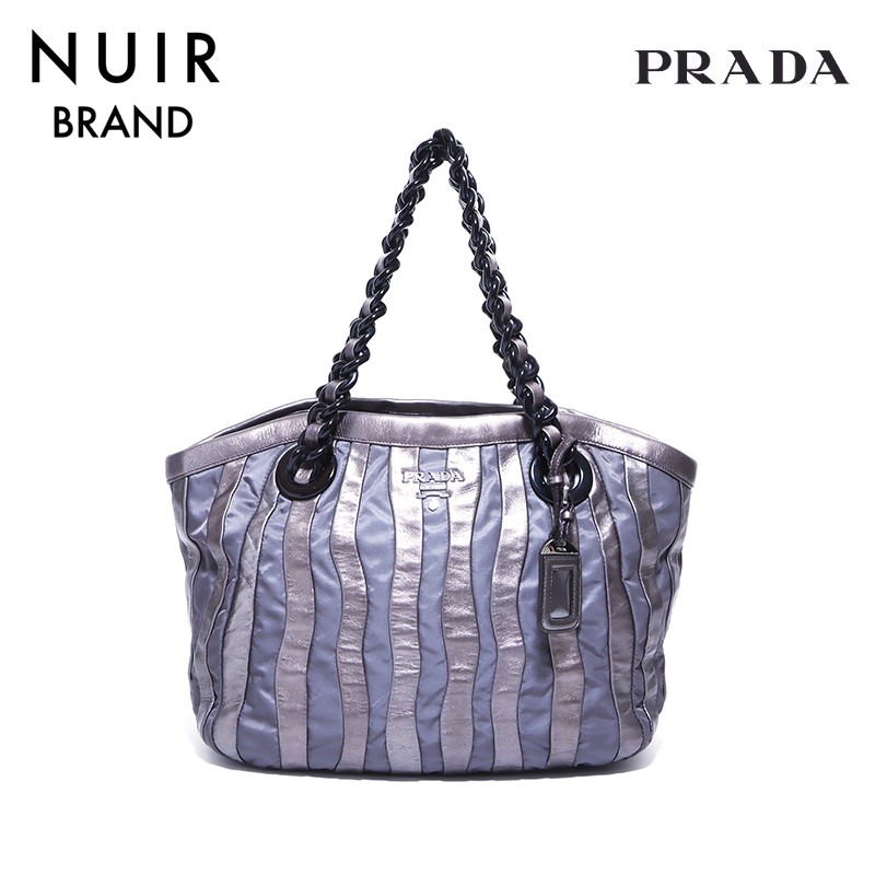 Prada Nylon Leather Chain Tote Bag in Silver Gray