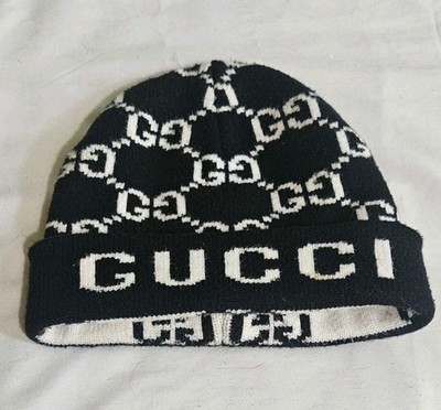 Gucci GG Wool Blend Black & White Jacquard Hat/Beanie Comfortable Warm