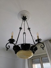 Raro antico lampadario ferro battuto originale epoca Liberty rose foglie 4 luci