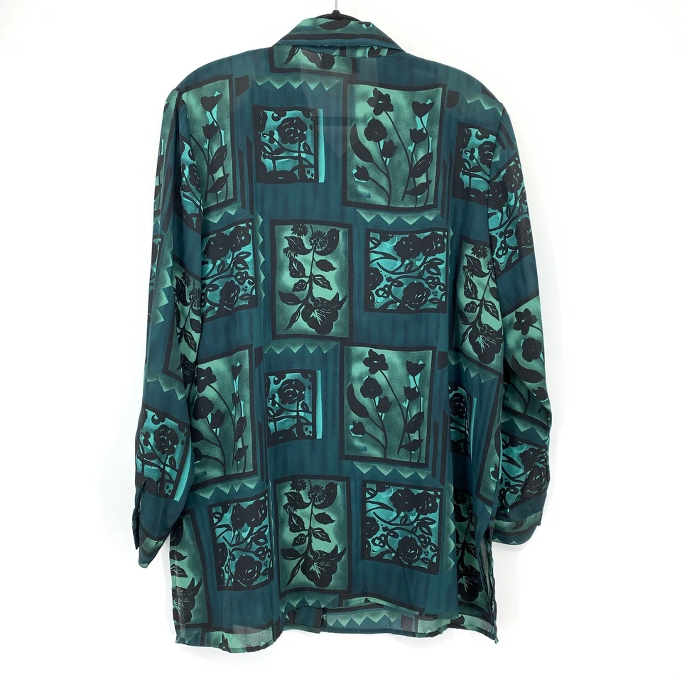Vintage 90s Notations Button Front Blouse Womens Sz 1X Teal Green Floral Print - Image 2 of 4