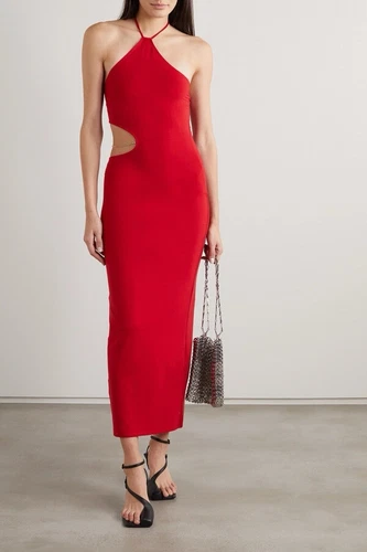 Abito nuovo con etichette REFORMATION Net Sustain Helio ritaglio impreziosito rosso elasticizzato piccolo