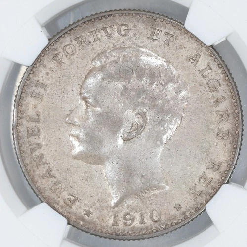 1910 Portugal Manuel II AR Silver 1000 Reis - NGC AU Details, Stained