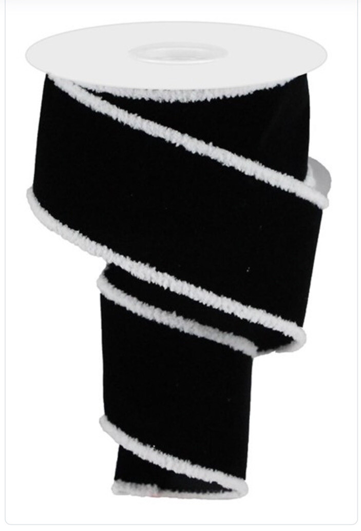 10 Yds -2 1/2” Wired Black Velvet Ribbon With White Fringe 10 Yds -2 1/2” Wired Black Velvet Ribbon With White Fringe