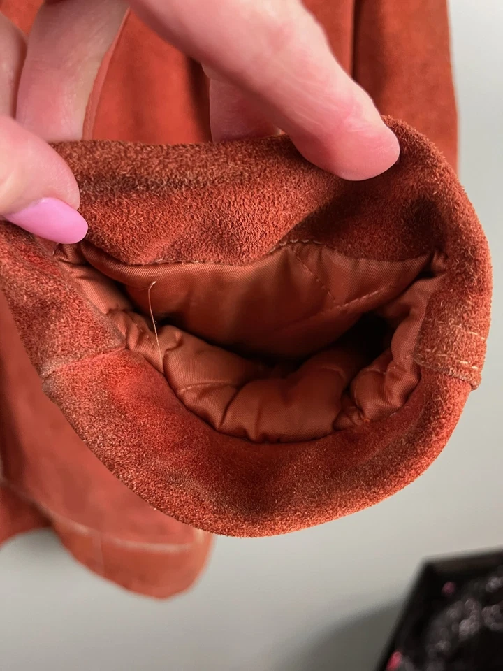 Chaqueta de cuero dividido de gamuza naranja vintage para hombre talla 44 forrada de sherpa pesada Foto 4 de 4