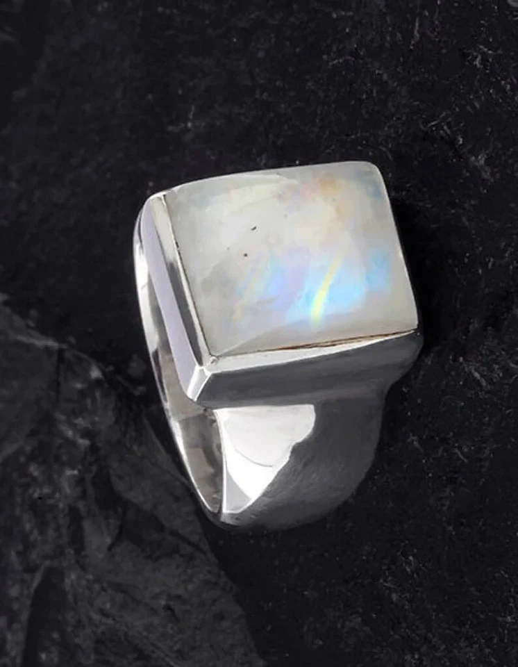 Anillo de piedras preciosas blancas de luna para hombre y mujer en plata de ley maciza 925 Foto 3 de 4
