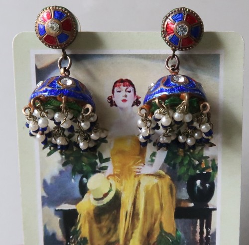 Vintage 3.5cm Long Indian Enameled Metal Post Dangle Earrings - Picture 4 of 5