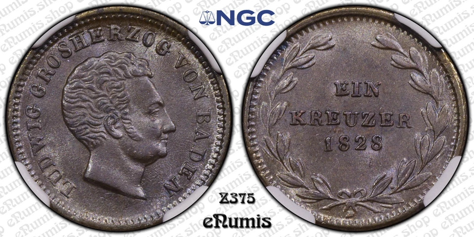 Germany, Baden, Ludwig I, Kreuzer 1828, Top Pop, NGC MS 64 BN - Image 2 of 4