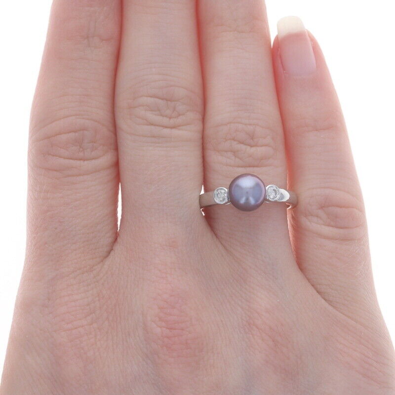 White Gold Cultured Pearl & Diamond Ring - 14k Ro… - image 2