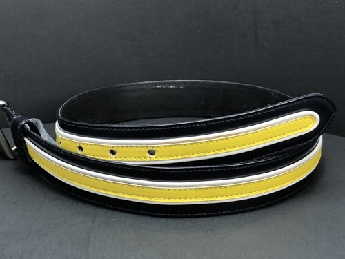 Vtg 1990s ESCADA Silver Tone EE Logo Buckle Blue Yellow Leather Italy 29”-32” - Picture 4 of 9