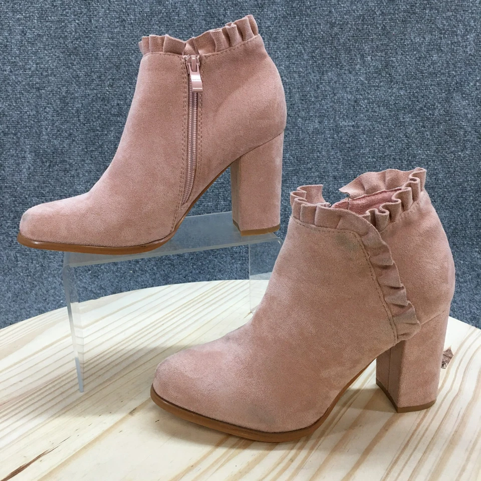 Allegra K Boots Womens 7.5 Ruffle Ankle Booties Pink Side Zip Heeled Casual - Image 2 of 4