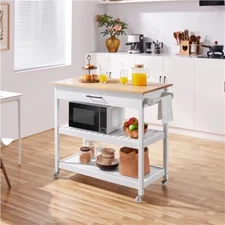 Kitchen Rolling Island 40’’ W Trolley Cart Storage Wood Top w/Drawer Rack Shelf