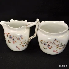 Limoges T&V Creamer & Open Sugar Set 1907 Shell Embossing Hand Painted Floral