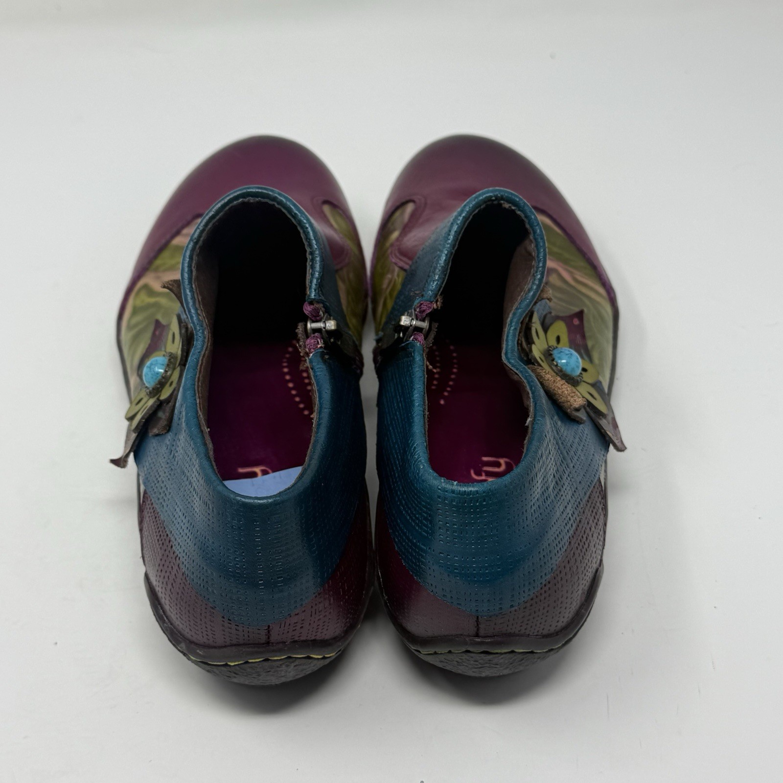 Socofy Vicconfy Shoes Womens 8 - 8.5 Purple Teal Leather  Floral Side Zip Boho