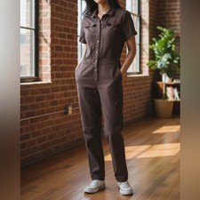 YFB Chocolate Brown Aviator Coverall Short Sleeve Button Up Jumpsuit Size Medium