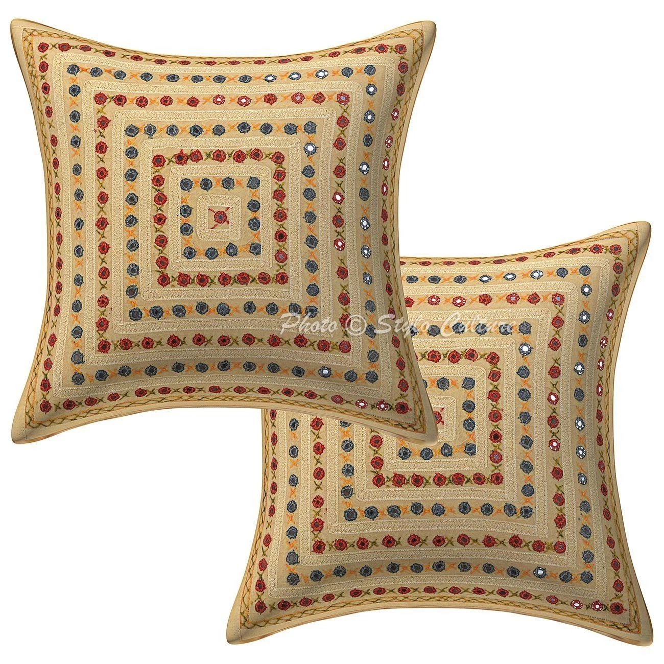 Boho Cotton Throw Pillow Covers Embroidered Mirror Lace Yellow 40x40 Home Decor