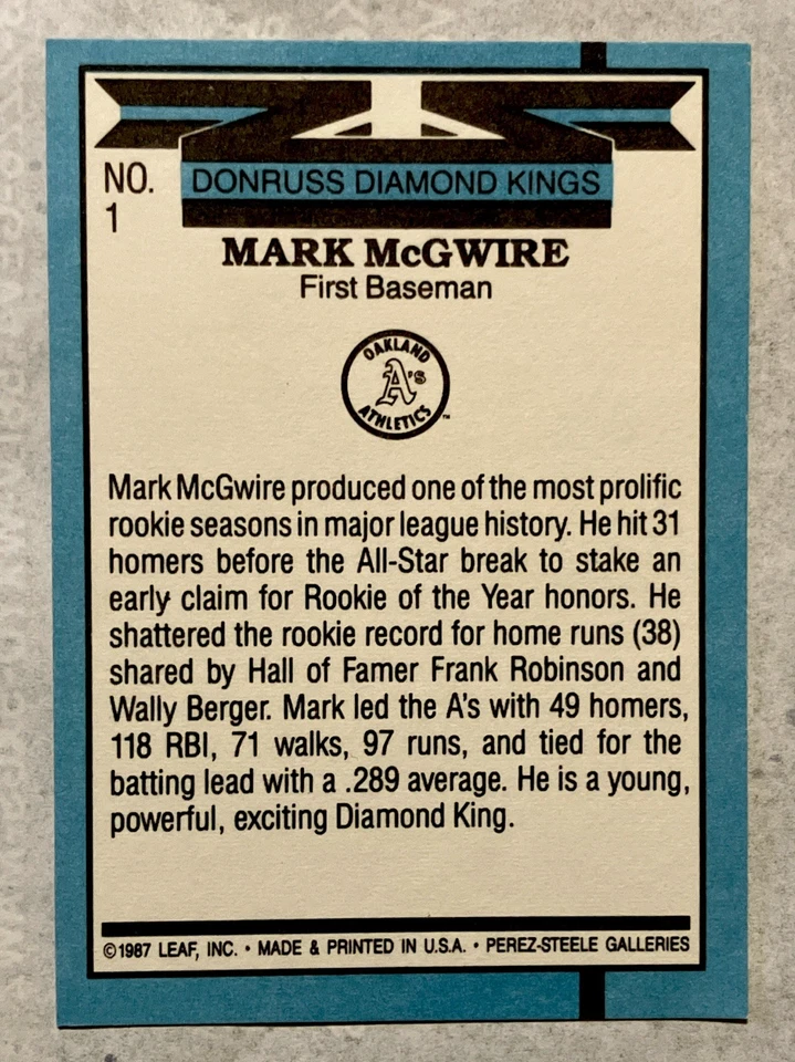 Donruss Diamond Kings 1987 Mark McGwire No. Tarjeta de béisbol de 1 error Foto 2 de 4