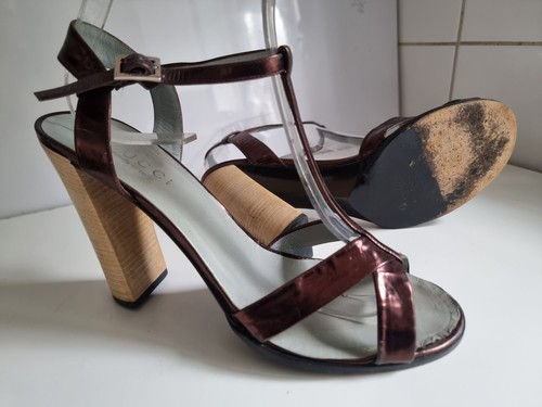GUCCI DESIGNER UK 8 EU 41 C WOMEN METALLIC BRONZE LEATHER STRAPPY HEELS SANDALS - Picture 2 of 16