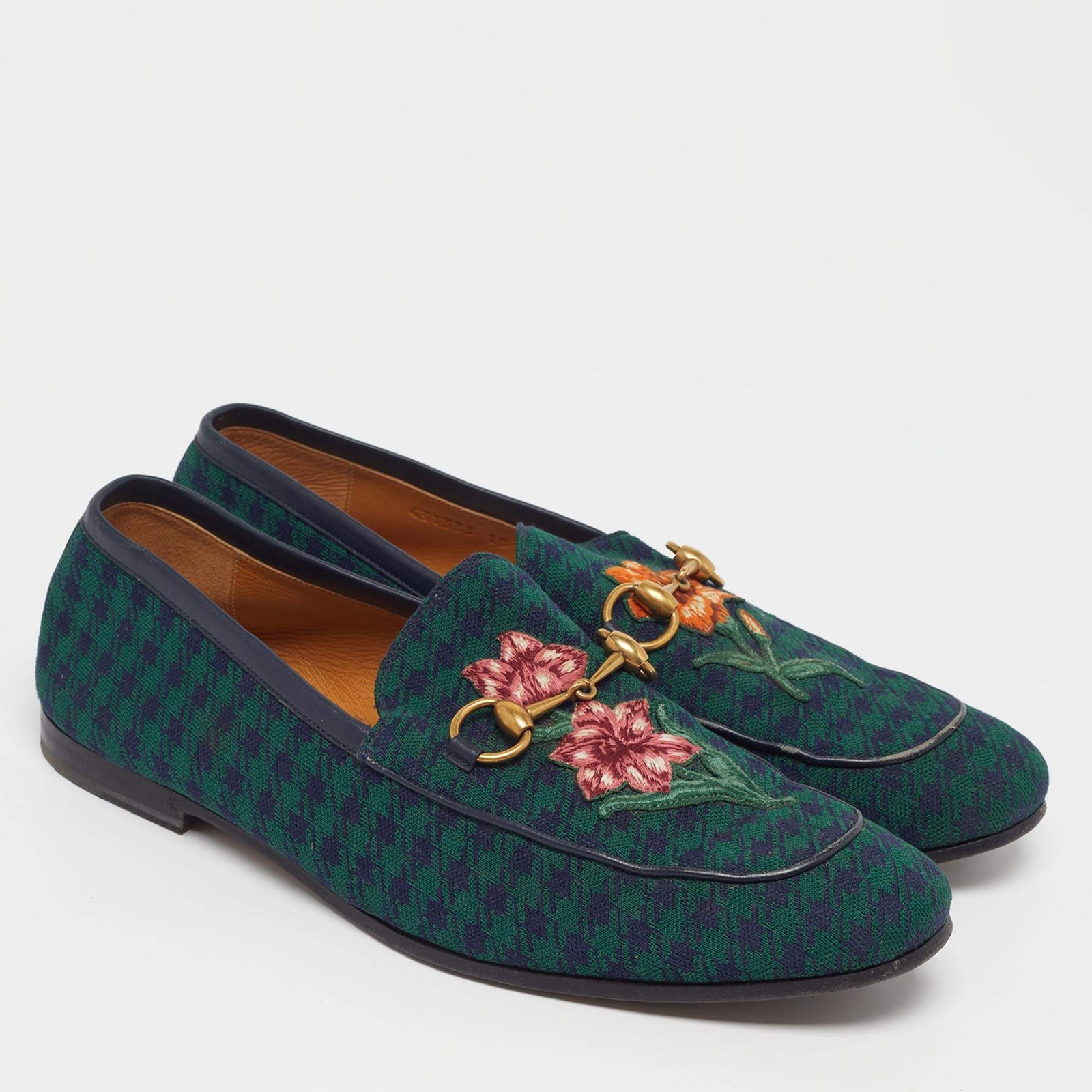 Gucci Horsebit Size 44 GreenNavy Blue Knit Fabric Flora Embroidered Loafers thumbnail 4
