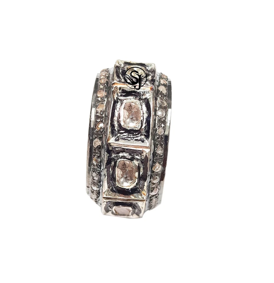 Handmade Polki Diamond & Fine Silver Wedding Band Ring - Image 4 of 4