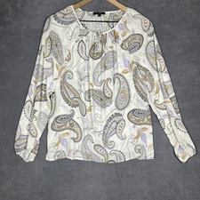 NYDJ Blouse Womens Small White Paisley Long Sleeve Boho Peasant Top MGGT3916