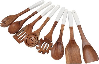 Wooden utensils for cooking set of 8, Natural Acacia Wood spoons Large, White 