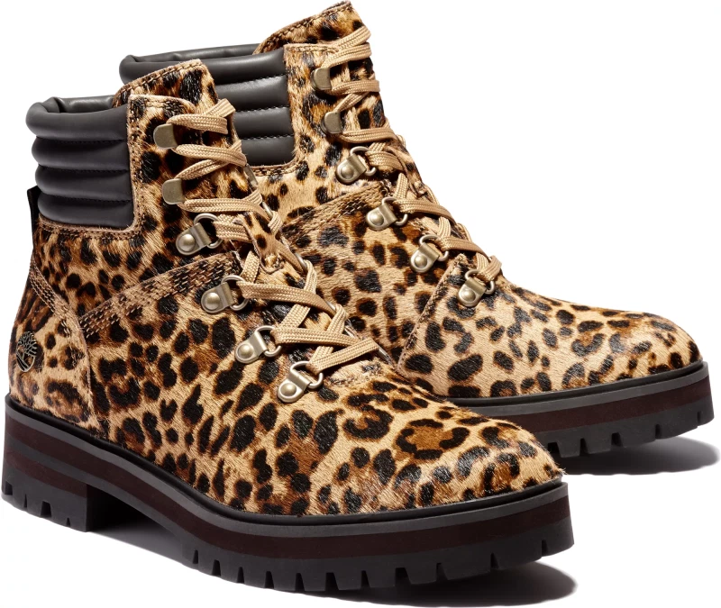Nuovo con scatola Stivali Timberland London quadrati con stampa ghepardo in pelo di vitello marrone taglia 8