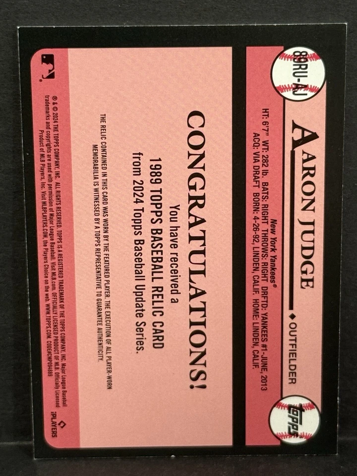 2024 Topps Update Baseball MLB Yankees Aaron Judge Player-Worn Relic Black /199 - Image 4 of 4