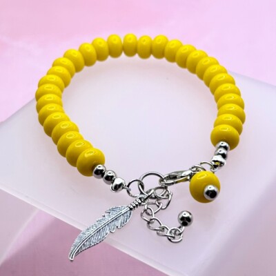 Silber Feder Charm & Naturstein Glasperlen Armband (gelb)