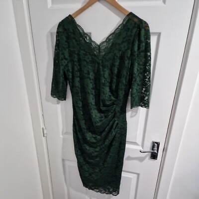 Jolie Moi Dress UK 12 Green Dark Forest Lace 3/4 Sleeve Ruched | eBay UK