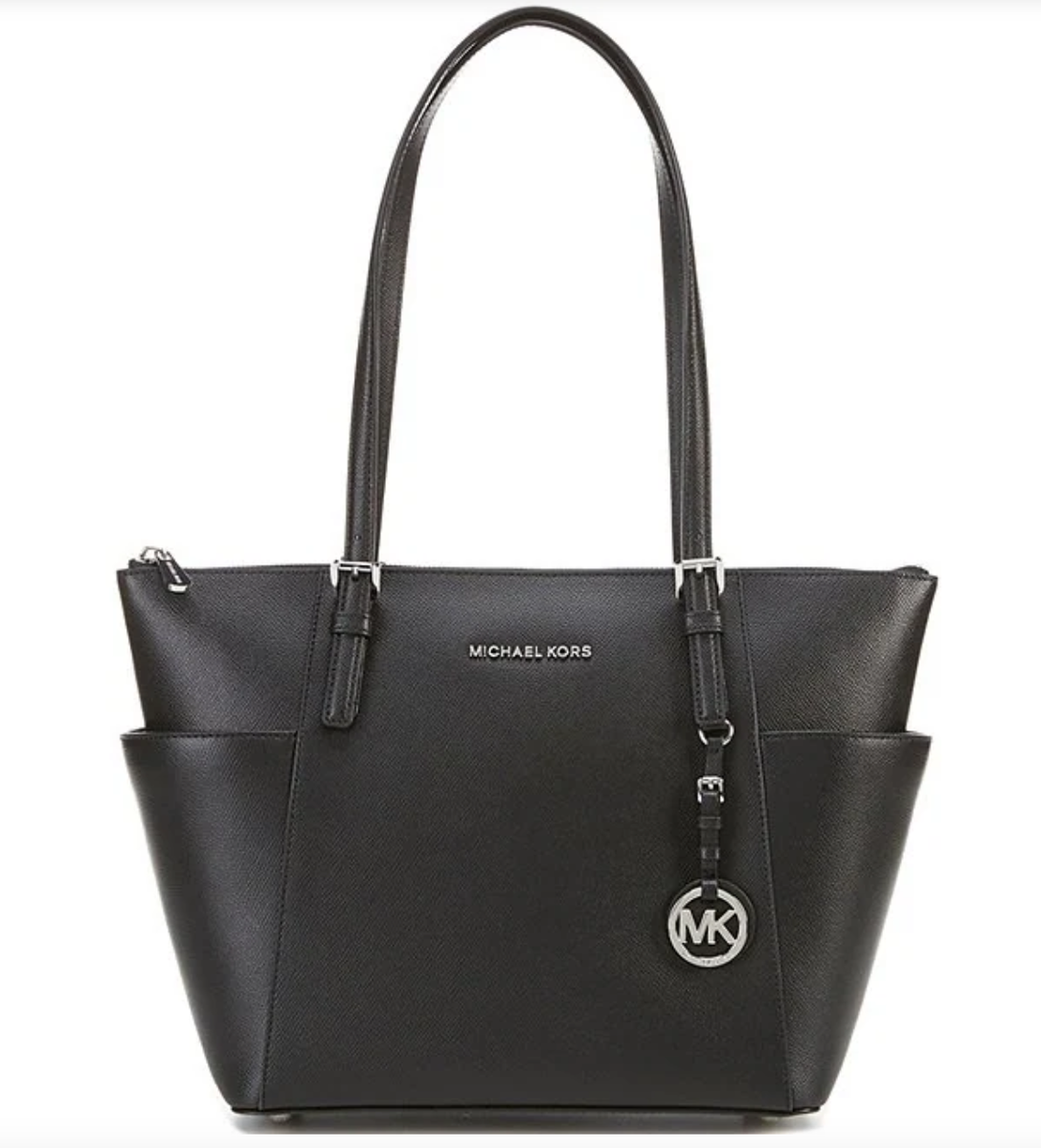 NWT Michael Kors Jet Set East West Silver Tone Logo Charm Tote Bag 