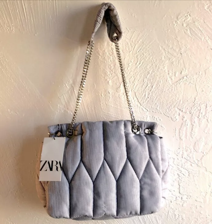 ZARA BLUE QUILTED DENIM SHOULDER BAG CHUNKY GOLDEN METAL CHAIN