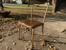 One Vintage Mid Century Cosco Metal Folding Chair Brown Faux Leather Seat 1960s