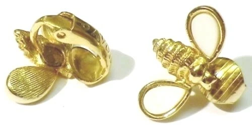 boucles d'oreilles clips bijou vintage couleur or abeille cabochon blanc * 3519 - Photo 1/1