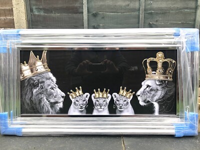 Löwenfamilie Bild Liquid Art Spiegelrahmen König Königin und Prinz 85x45 cm