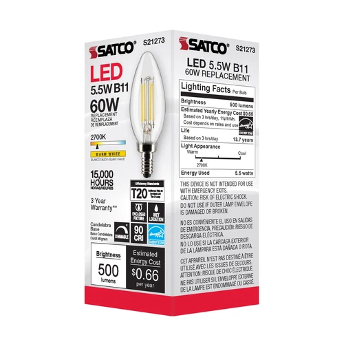 6 Pack Satco S21273 LED Filament 120V 5.5W 60W Torpedo B11 Candelabra E12 2700K - Picture 6 of 12