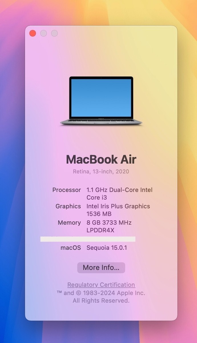 Apple MacBook Air 13” 2020 1.1GHz Intel Core i3 8GB RAM 256GB SSD