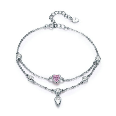 ■ENGBROX■ silver925 glorious heart rose bracelet EBBL24002 Fashion Solid 925 Sterling Silver Pink CZ Heart Bracelet