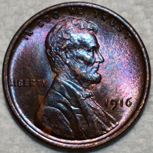 Brilliant Uncirculated 1916-P Lincoln Cent, Gorgeously Toned specimen.